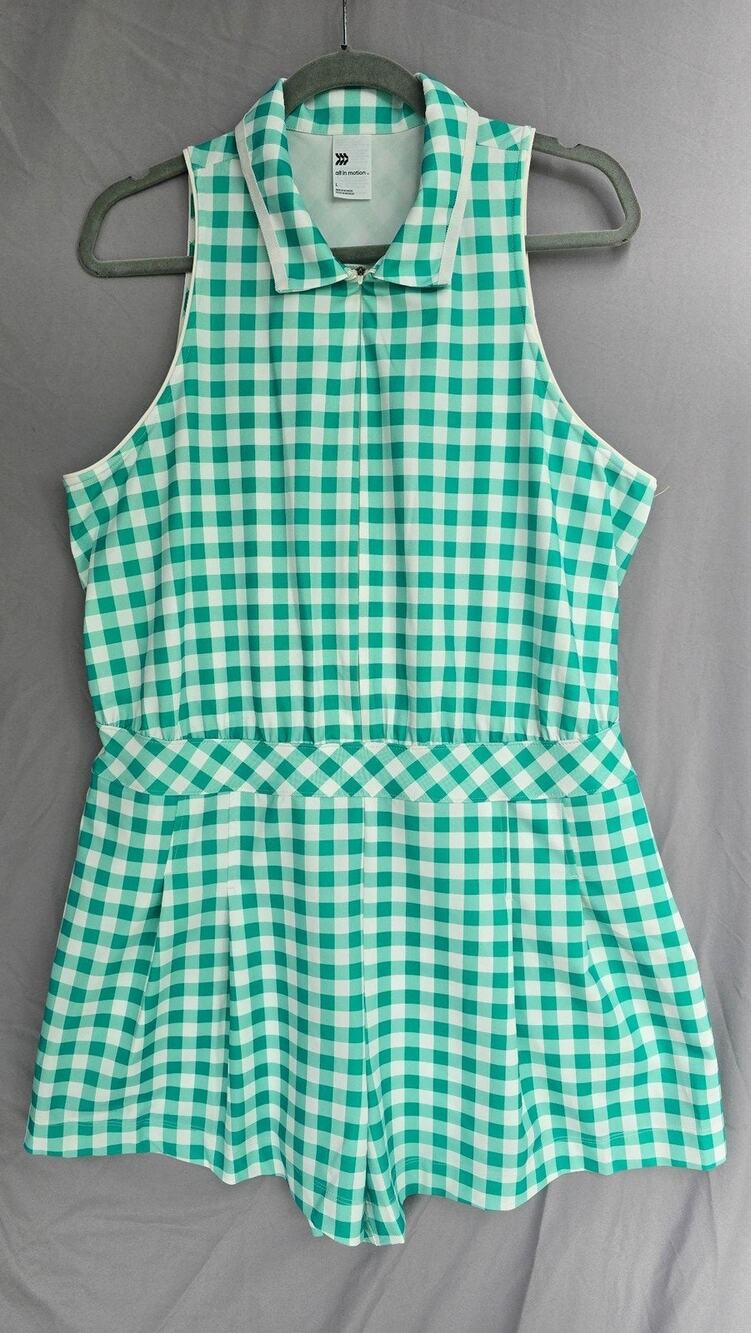 All In Motion Romper Womens Large Green Gingham Pickleball Golf Athletic